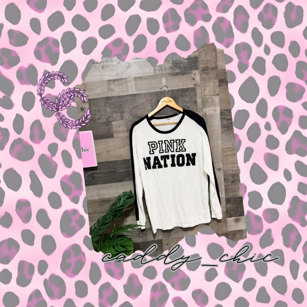 Victoria’s Secret PINK Nation Long Sleeve Tee White/Black Size M EUC